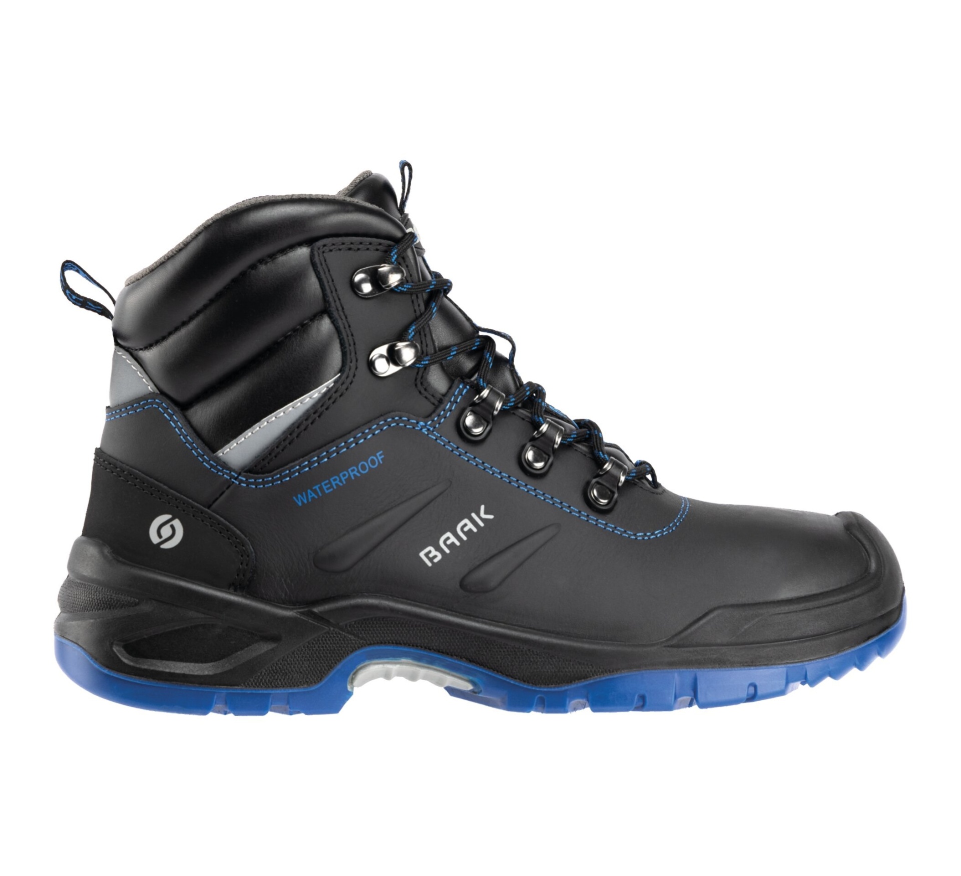 Bota alta preta com detalhes azuis e logo BAAIK