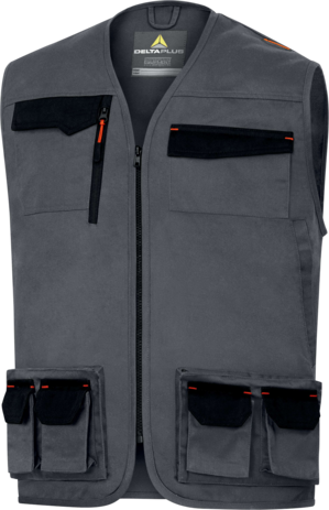 Colete cinza DELTAPLUS com múltiplos bolsos e detalhes em preto e laranja