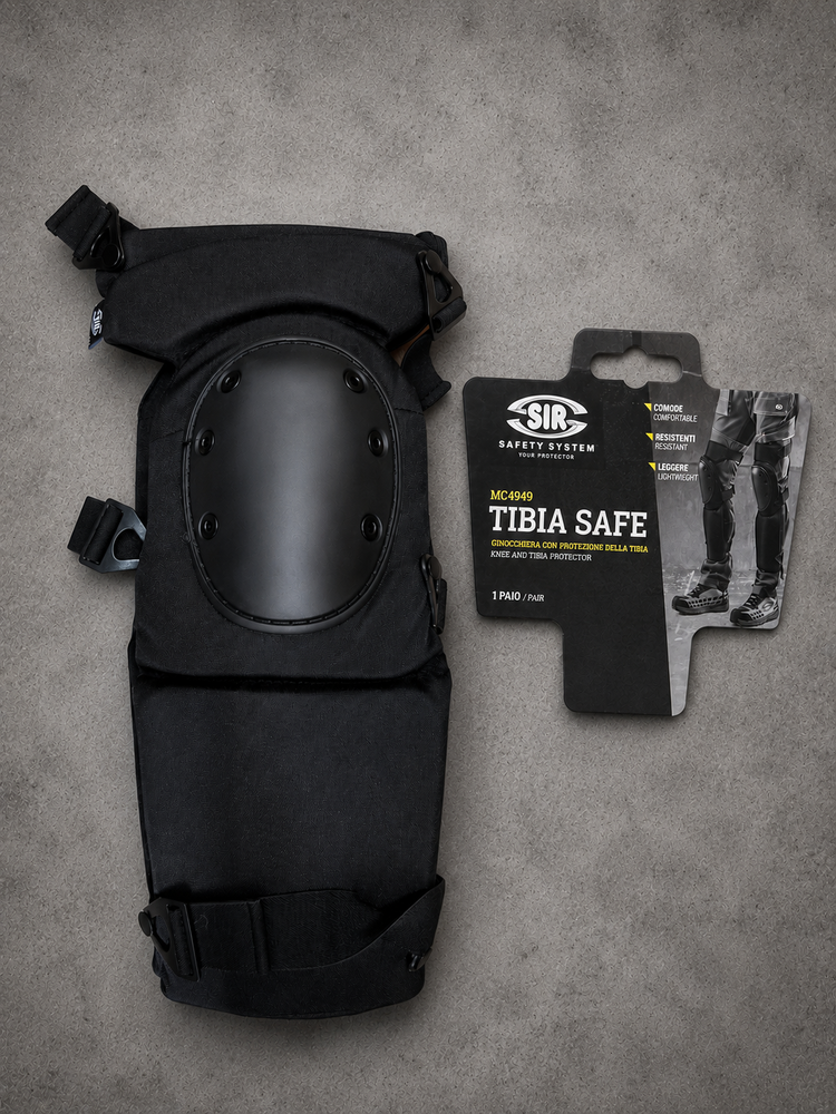Protector para joelho e canela TIBIA SAFE preto com etiqueta SIR