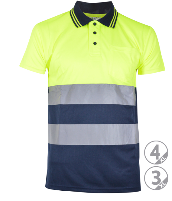 Polo de alta visibilidade amarelo fluorescente com faixas refletoras cinzentas e parte inferior azul escuro