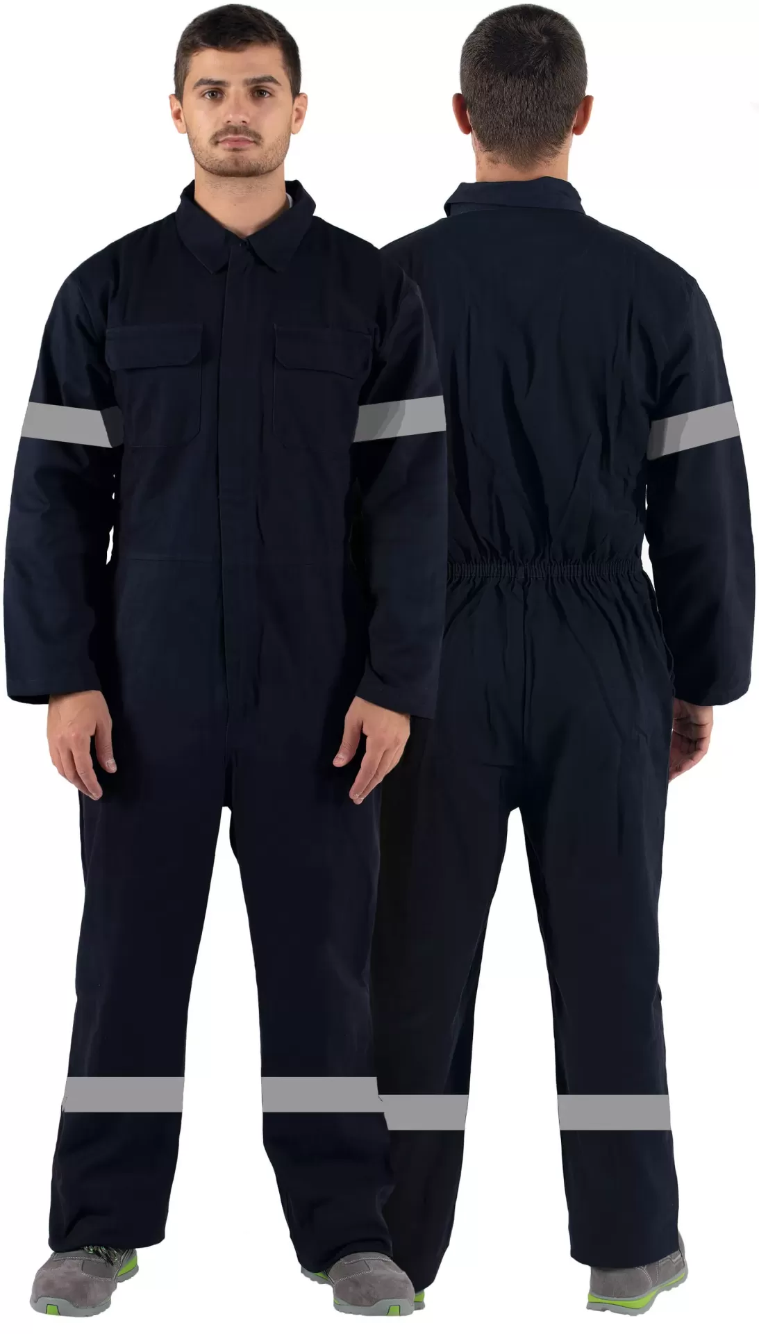 Macacão de trabalho azul escuro com faixas reflexivas e bolsos frontais, visto de frente e costas.