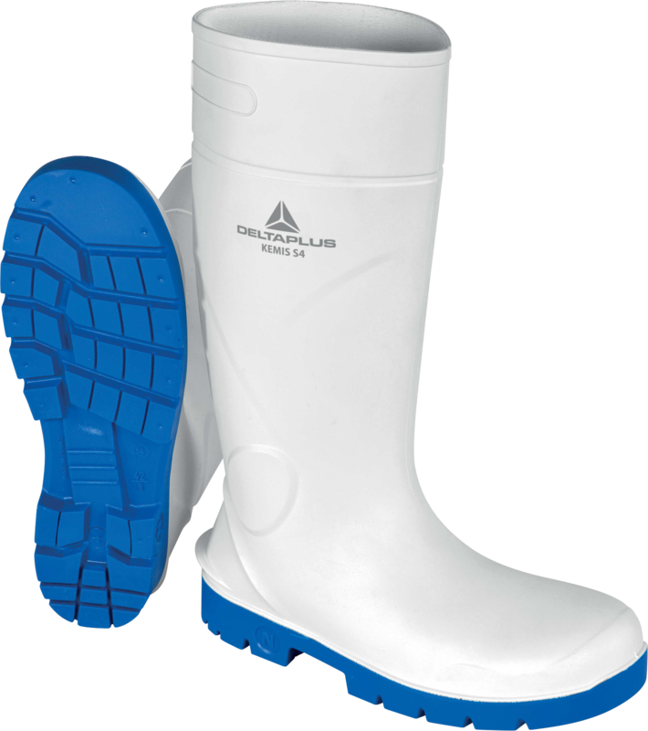Botas de borracha brancas com sola azul e texto DELTAPLUS KEMIS S4
