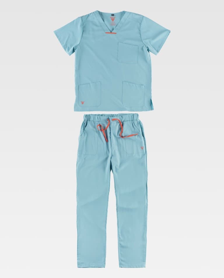 Conjunto de pijama médico azul claro com vários bolsos e cordões cor-de-rosa