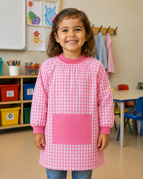 Menina sorridente a usar camisola xadrez rosa e branco com bolso rosa na sala de aula