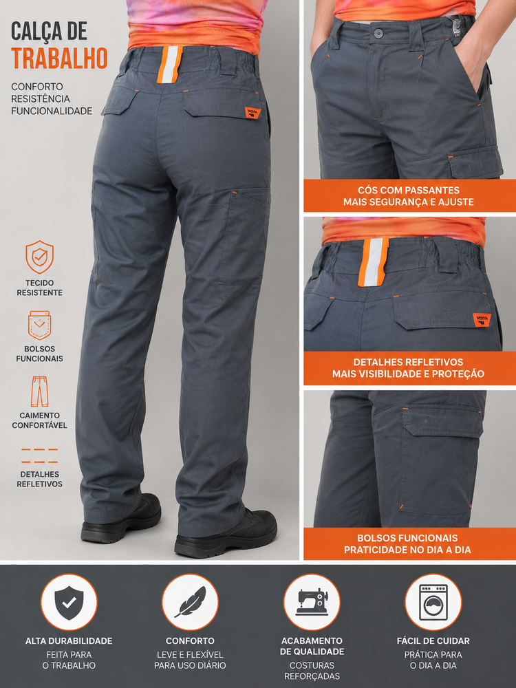 Calça de trabalho cinza escuro com bolsos e detalhes refletivos