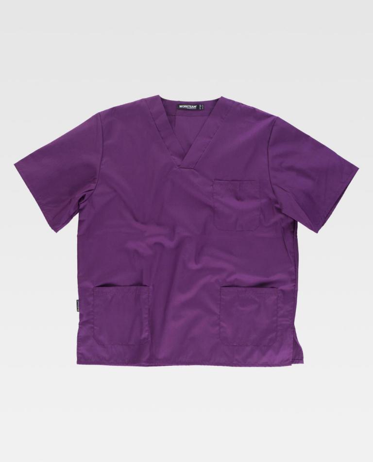 Túnica médica púrpura com três bolsos e etiqueta WORKTEAM
