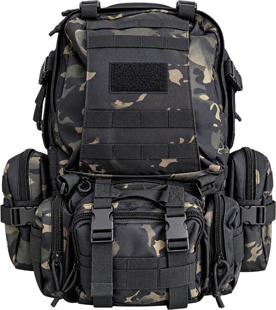 Mochila militar camuflada preta com vários bolsos e fivelas
