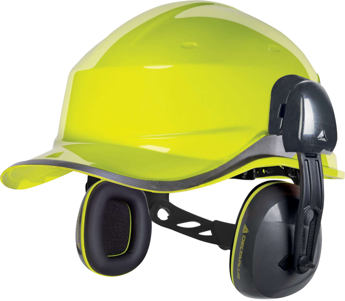Capacete de segurança amarelo neon com proteção auditiva preta acolchoada.