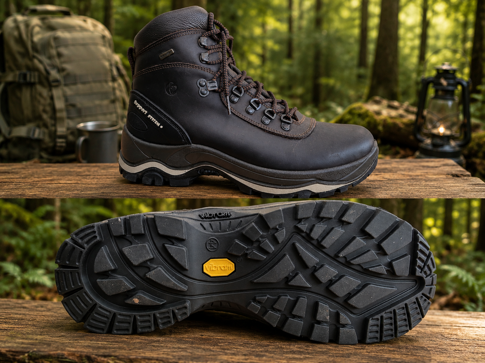 Bota de caminhada castanha em couro com sola Vibram preta