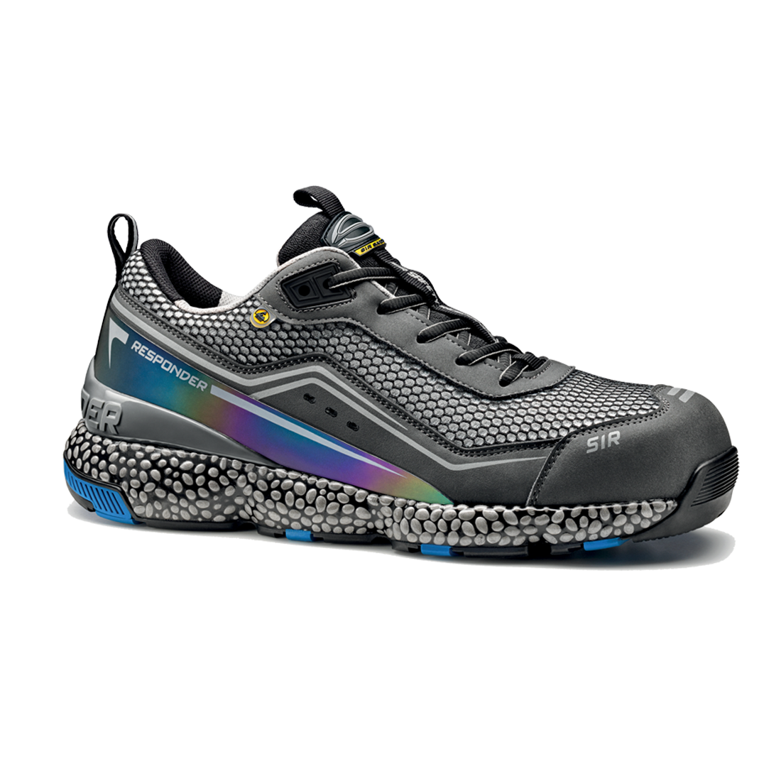 Ténis desportivo cinza com padrão hexagonal e detalhes azuis e prateados