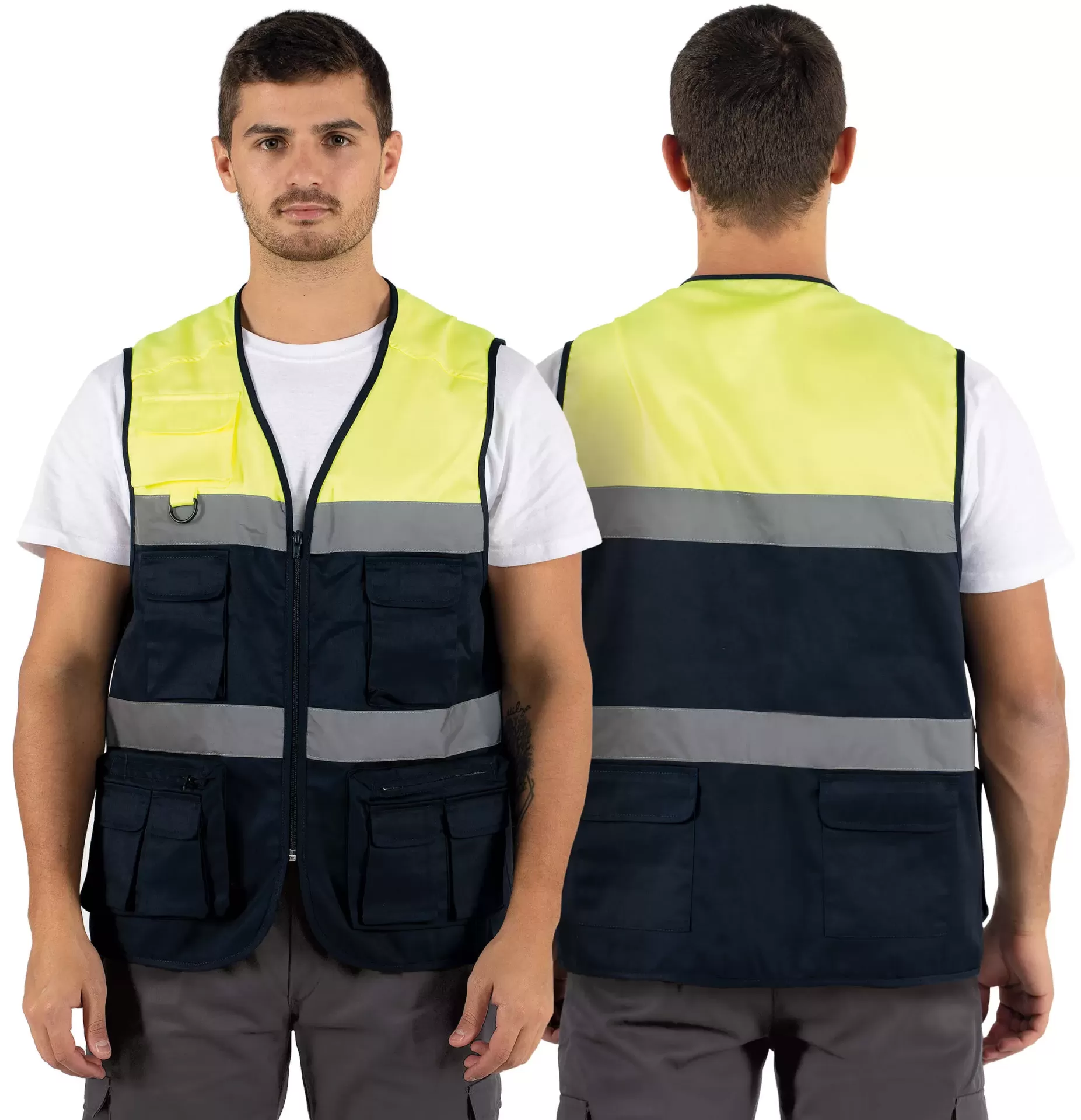 Colete de segurança amarelo fluorescente, cinza refletivo e azul escuro com bolsos, visto de frente e costas.