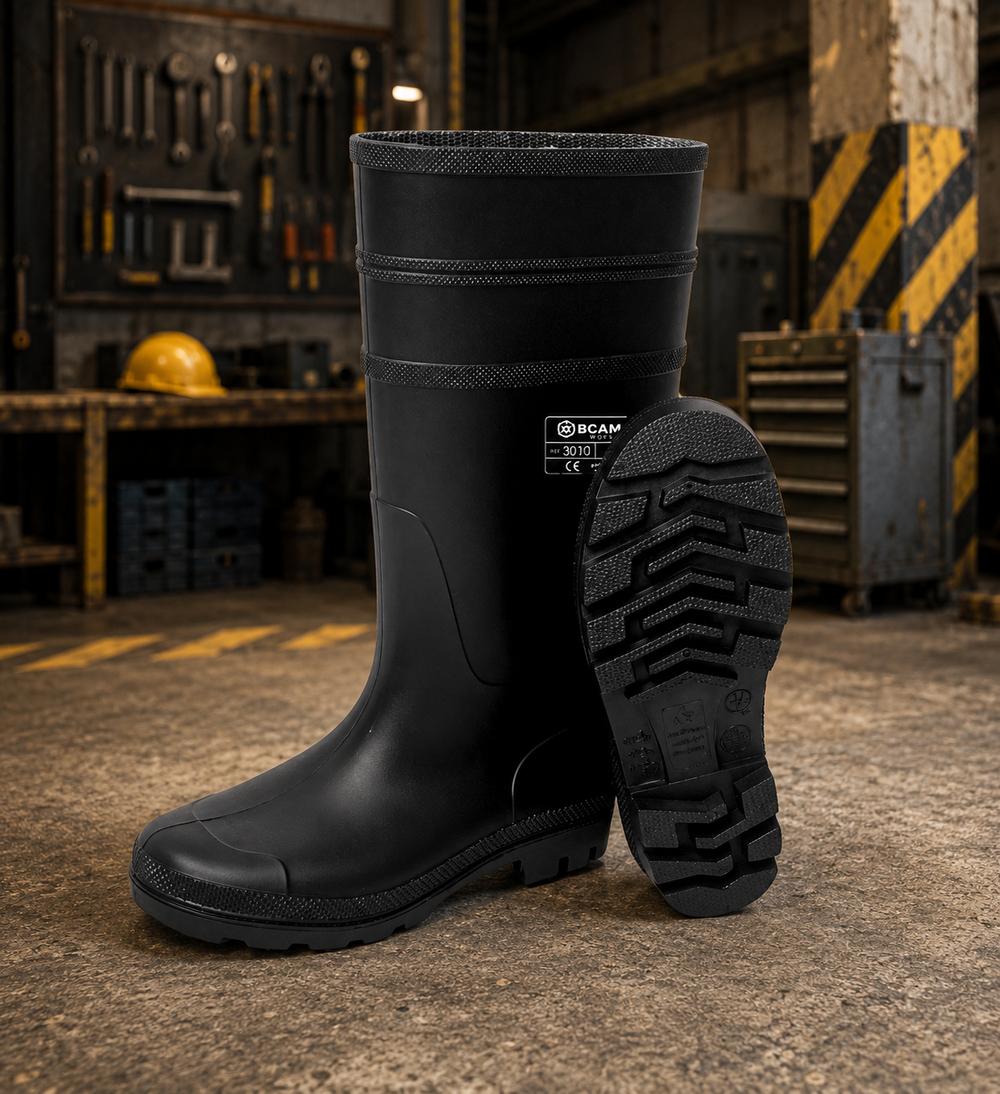 Botas de borracha pretas para trabalho com sola antiderrapante em ambiente industrial