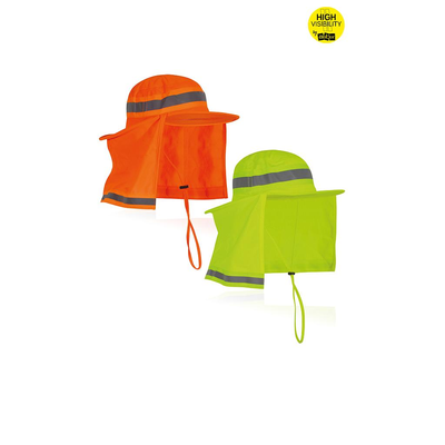 Dois chapéus de proteção fluorescentes laranja e verde com faixa reflexiva.