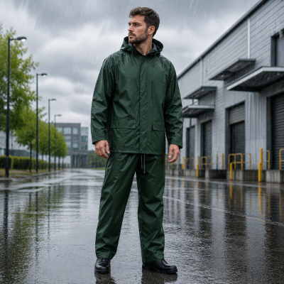 Homem de pé usando fato impermeável verde escuro numa rua molhada com chuva