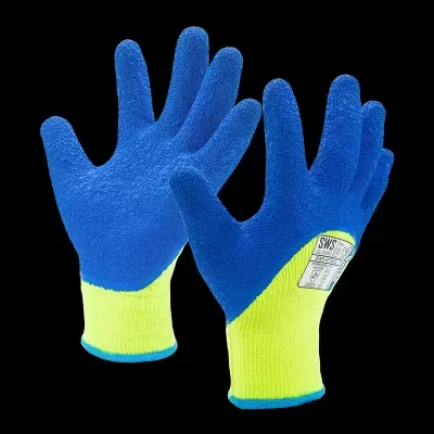 Par de luvas de trabalho amarelas e azuis com revestimento emborrachado texturizado