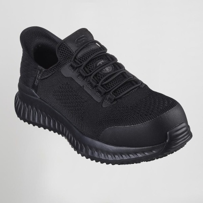 Ténis desportivo preto Skechers em malha e borracha com sola texturada