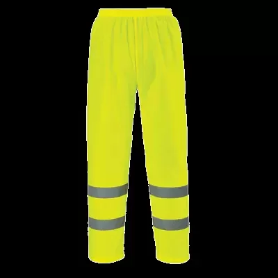 Calças amarelas fluorescentes de alta visibilidade com faixas refletoras cinzentas
