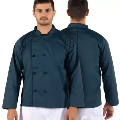 Casaco de chef azul escuro com botões pretos e gola mandarim, frente e costas mostradas