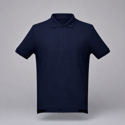 Polo azul escuro com gola e três botões sobre fundo cinzento