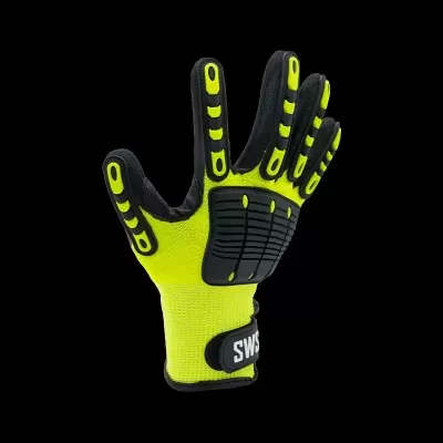 Luva de proteção amarela e preta com reforços em borracha e fecho em velcro