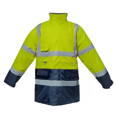Casaco alta visibilidade amarelo neon e azul com faixas refletoras