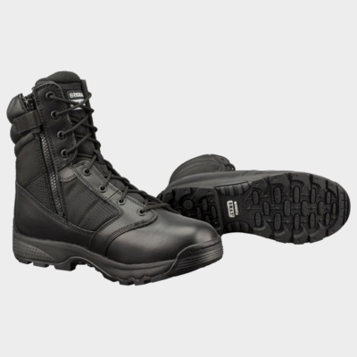 Botas táticas pretas em couro e tecido com sola antiderrapante
