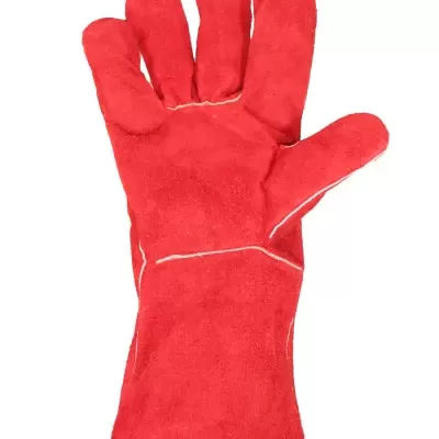 Luva de proteção vermelha em camurça com costuras brancas