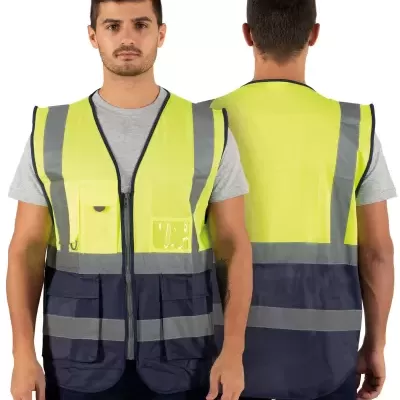Colete de trabalho amarelo fluorescente e azul com faixas refletoras mostrado de frente e costas