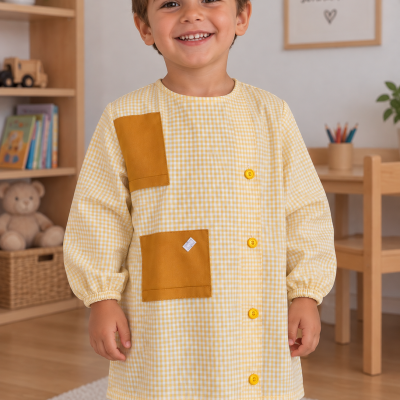 Criança com bata infantil amarela e branca de padrão xadrez num quarto com peluche e móveis de madeira