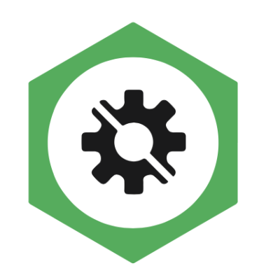 Ícone de engrenagem preta riscada numa forma branca com fundo verde hexagonal