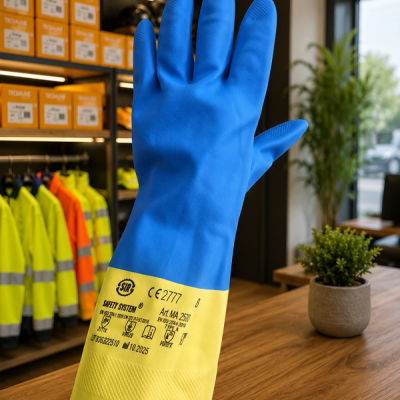 Luva de proteção azul e amarela em mão, com texto e logo, em loja de equipamentos de segurança.