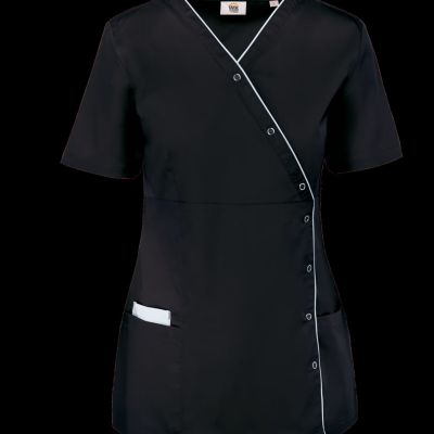 Blusa feminina preta com gola em V e botões de pressão