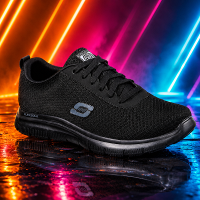 Ténis desportivos pretos com sola FlexSole e logótipo cinzento, fundo com luzes neon coloridas
