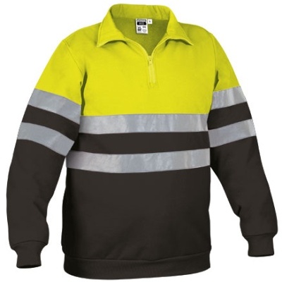 Sweatshirt amarelo fluorescente e preto com faixas refletoras e fecho de correr curto