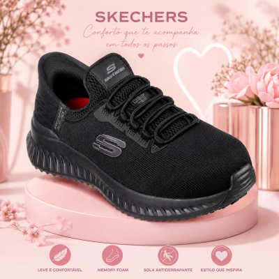 Ténis Skechers pretos com sola antiderrapante e detalhes em preto sobre fundo rosa com flores e texto promocional.