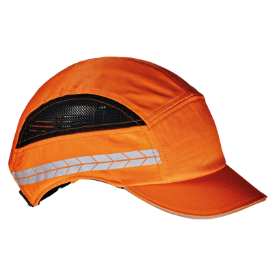 Boné de cor laranja com faixa refletora e detalhe em malha preta