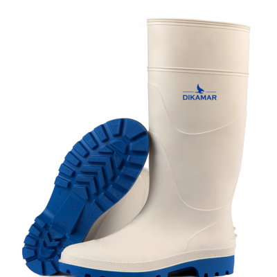 Botas de borracha brancas com sola azul e logo DIKAMAR