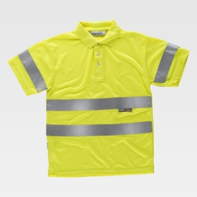 Polo de trabalho amarelo fluorescente com faixas refletoras cinzentas