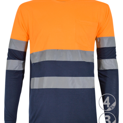 Camisola de alta visibilidade laranja e azul escuro com faixas refletoras e bolso no peito
