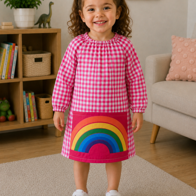 Vestido infantil rosa xadrez com bolso de arco-íris e sapatilhas brancas.