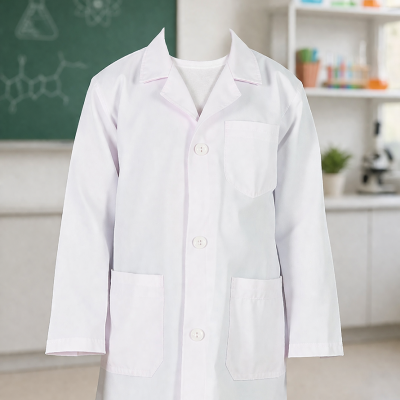 Casaco de laboratório branco sobre fundo de sala de aula com quadro e equipamento de laboratório