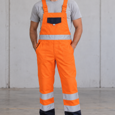 Homem a usar macacão de trabalho laranja com faixas refletoras e bolso azul