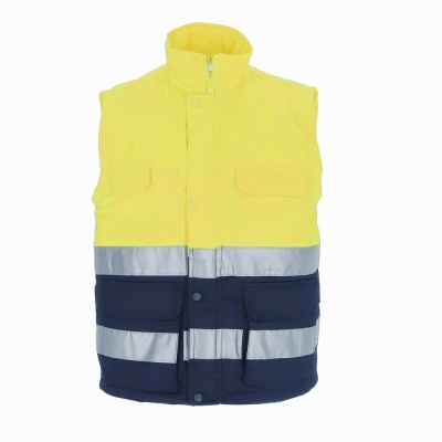 Colete amarelo e azul escuro com faixas refletoras prateadas e bolsos frontais
