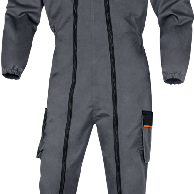 Macacão de trabalho cinzento escuro com detalhes pretos e fechos de correr frontais duplos