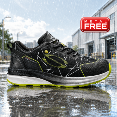 Sapatilha de segurança preta, verde e branca sob chuva com selo METAL FREE