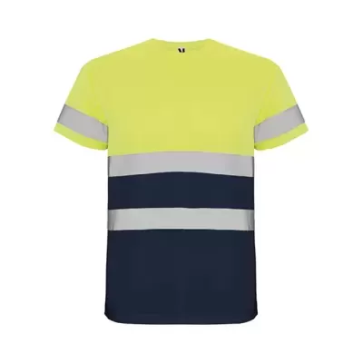 T-shirt de alta visibilidade amarelo neon e azul escuro com faixas refletoras cinzentas.