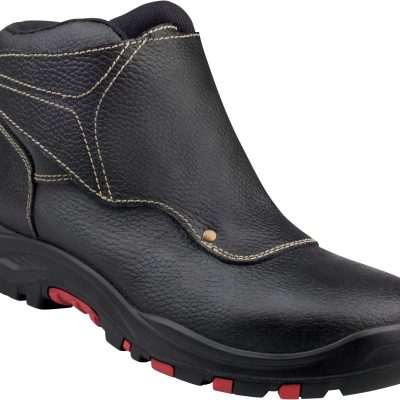 Bota preta de couro com sola preta e detalhes vermelhos