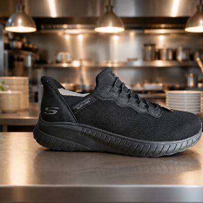 Ténis preto Skechers Slip-Ins em cozinha de restaurante