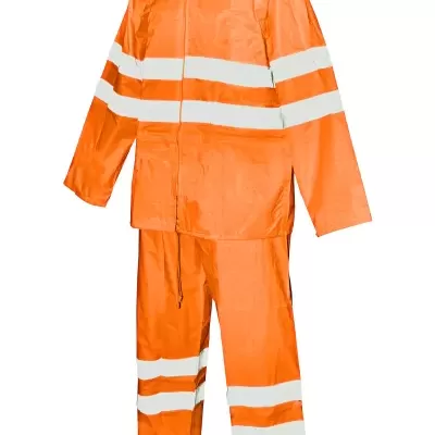 Fato impermeável laranja com faixas refletoras brancas