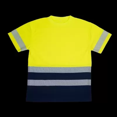 T-shirt de trabalho amarelo fluorescente com faixas refletoras cinzentas e azuis escuras